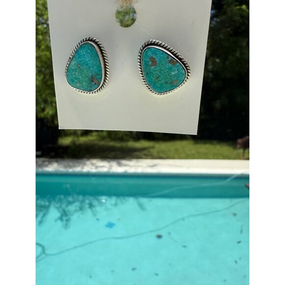 Artisan Turquoise Sterling Silver Triangle Stud Earrings Center Post Southwest - Picture 12 of 12